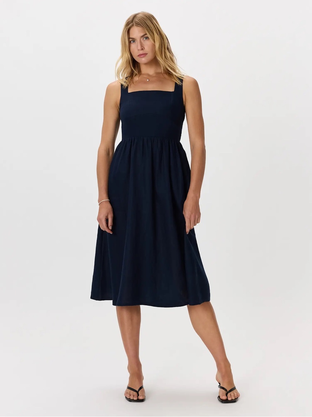 QUINCE European Linen Fit and Flare Midi Dress in Deep Navy size Large